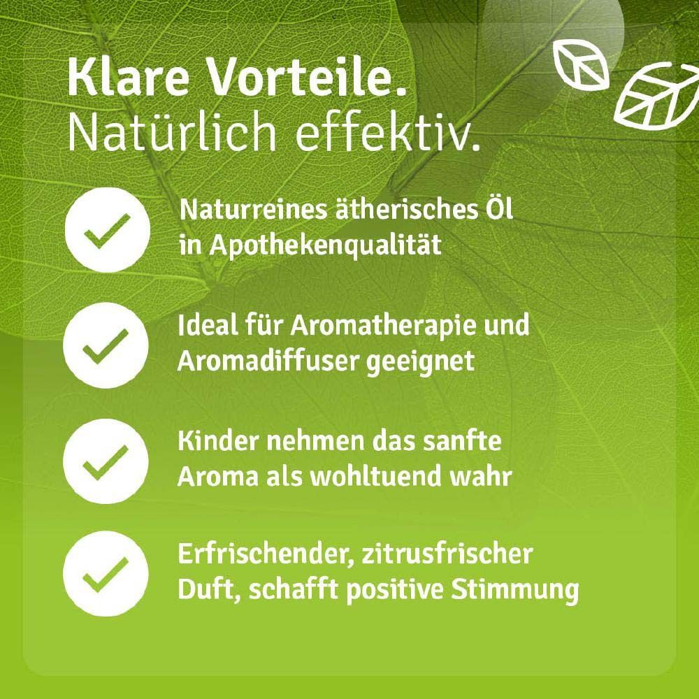 Produktflasche neben Text. Text: Naturreines ätherisches Öl in Apothekenqualität. Ideal für Aromatherapie. Erfrischender Duft.
