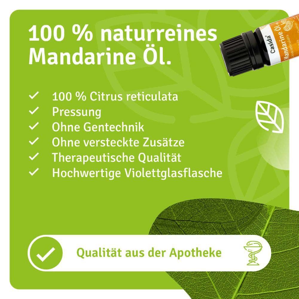 Produktflasche neben Text. Text: 100 % naturreines Mandarinen Öl. 100% Citrus reticulata. Therapeutische Qualität.