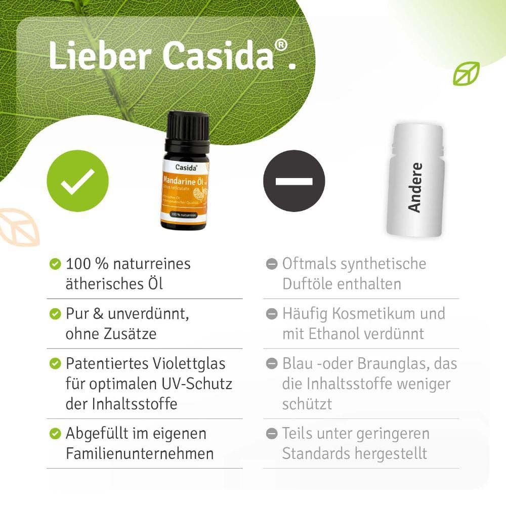 Produktflasche neben Text. Text: 100 % naturreines ätherisches Öl. Pur & unverdünnt, ohne Zusätze. Patentiertes Violettglas.