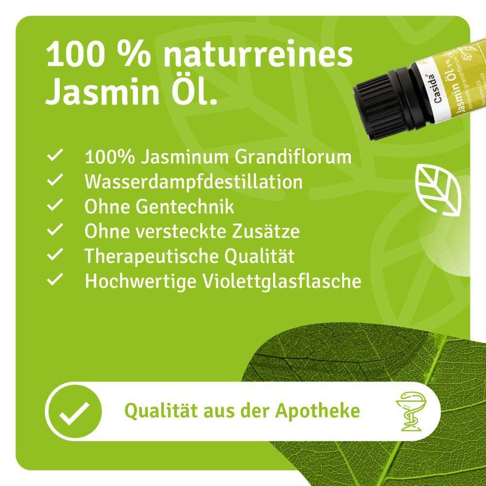 Casida Jasmin Öl 5% Flasche neben Text. 100% naturrein, Qualität aus der Apotheke.