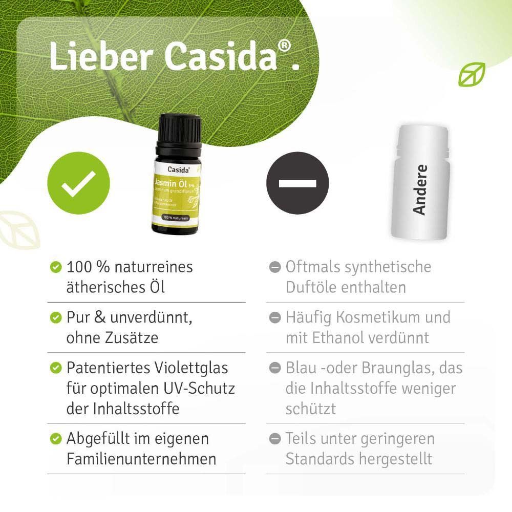 Casida Jasmin Öl 5% Flasche neben Text. 100% naturrein, pur, UV-Schutz, Familienunternehmen.