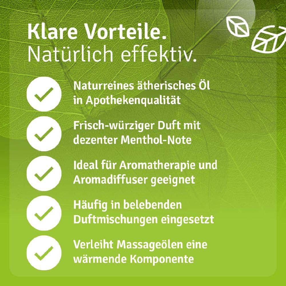 Produktflasche mit Text. Text: Klare Vorteile. Naturreines ätherisches Öl. Ideal für Aromatherapie und Aromadiffuser.