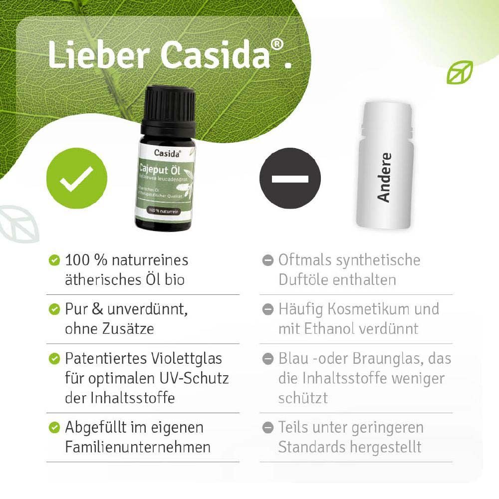 Produktflasche neben Vergleich. Text: Lieber Casida. 100 % naturreines ätherisches Öl bio. Ohne synthetische Düfte.