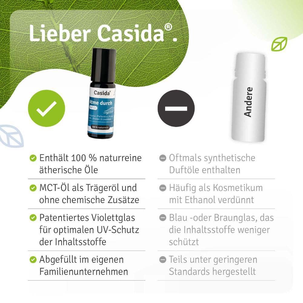 Vergleich: Casida Roll-On vs. andere. Casida: 100% naturreine ätherische Öle, MCT-Öl, patentiertes Violettglas. Andere: synthetische Duftstoffe, etc.