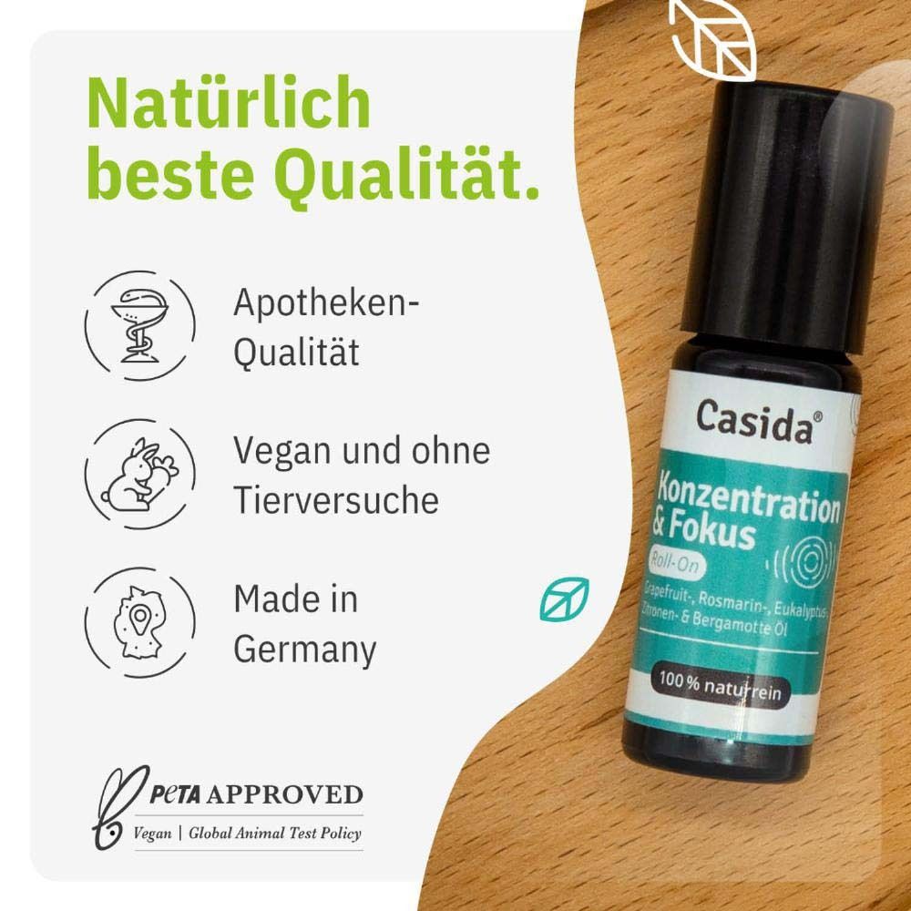 Roll-On-Flasche mit Text: Casida, Konzentration & Fokus. Apotheken-Qualität, Vegan, Made in Germany. PETA-Siegel.
