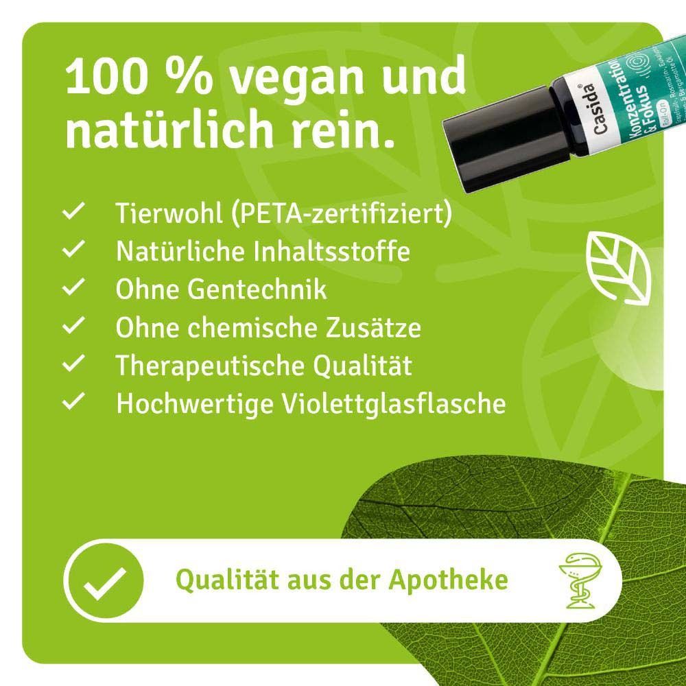 Roll-On-Flasche mit Text: Casida, Konzentration & Fokus. 100% vegan und natürlich rein. Qualität aus der Apotheke.