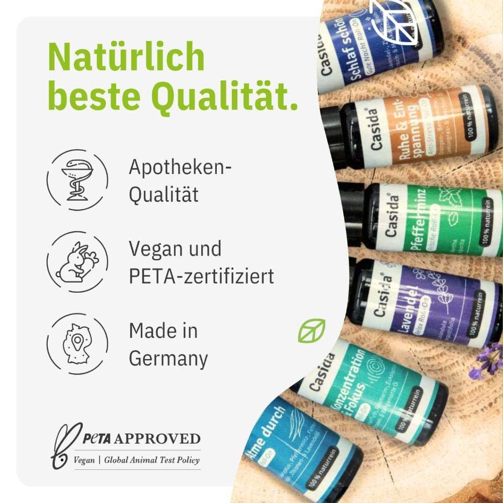 Text: Natürlich beste Qualität. Apotheken-Qualität, Vegan und PETA-zertifiziert, Made in Germany. Sechs Roll-On-Flaschen sind teilweise sichtbar.