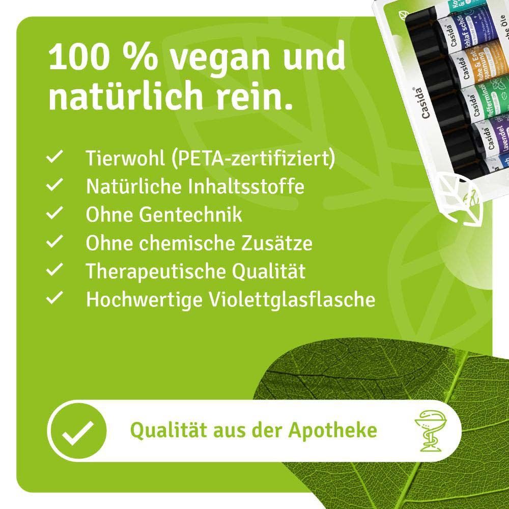 Text: 100 % vegan und natürlich rein. Tierwohl (PETA-zertifiziert), Natürliche Inhaltsstoffe, Ohne Gentechnik, Ohne chemische Zusätze, Therapeutische Qualität.