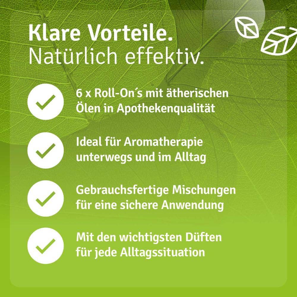 Text: Klare Vorteile. Natürlich effektiv. 6 x Roll-On's mit ätherischen Ölen in Apothekenqualität. Ideal für Aromatherapie unterwegs und im Alltag.