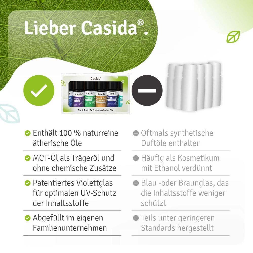 Text: Lieber Casida®. Enthält 100 % naturreine ätherische Öle. MCT-Öl als Trägeröl und ohne chemische Zusätze. Patentiertes Violettglas für optimalen UV-Schutz.