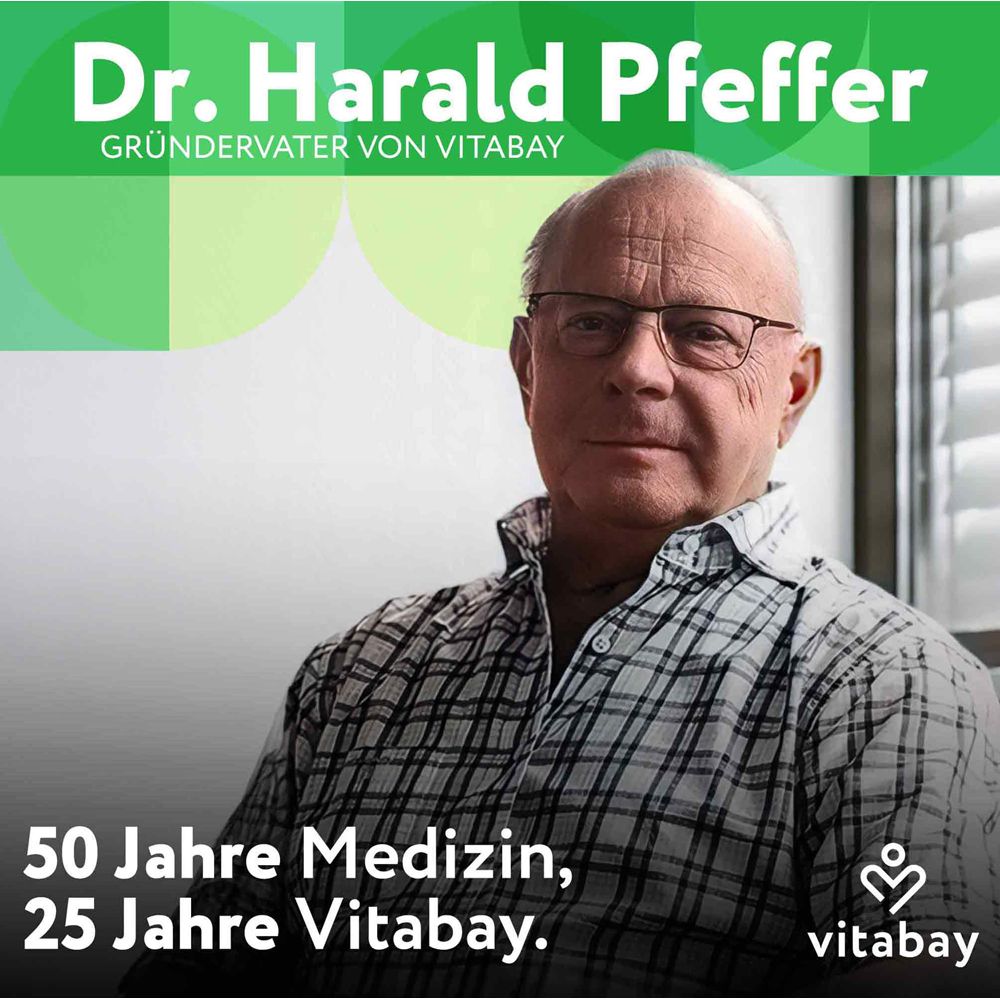 Porträt von Dr. Harald Pfeffer. Text: 50 Jahre Medizin, 25 Jahre Vitabay.