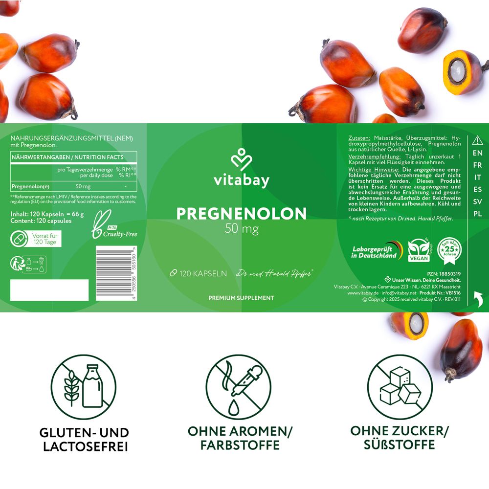 Rückseite der Verpackung mit Informationen. Text: Pregnenolon 50 mg, 120 Kapseln. Gluten- und lactosefrei.