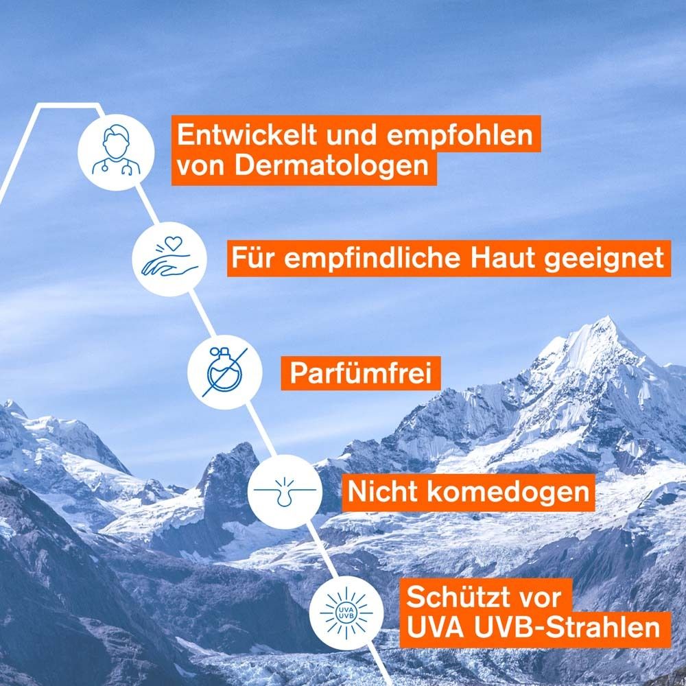 Infografik mit Text: Mela-Technologie, Vitamin C, UV-Schutzmittel LSF50+, Uriage Thermalwasser.