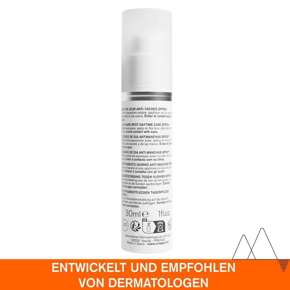 URIAGE DÉPIDERM Flasche und Verpackung. Text: Anti-Pigmentflecken Tagespflege LSF50+.