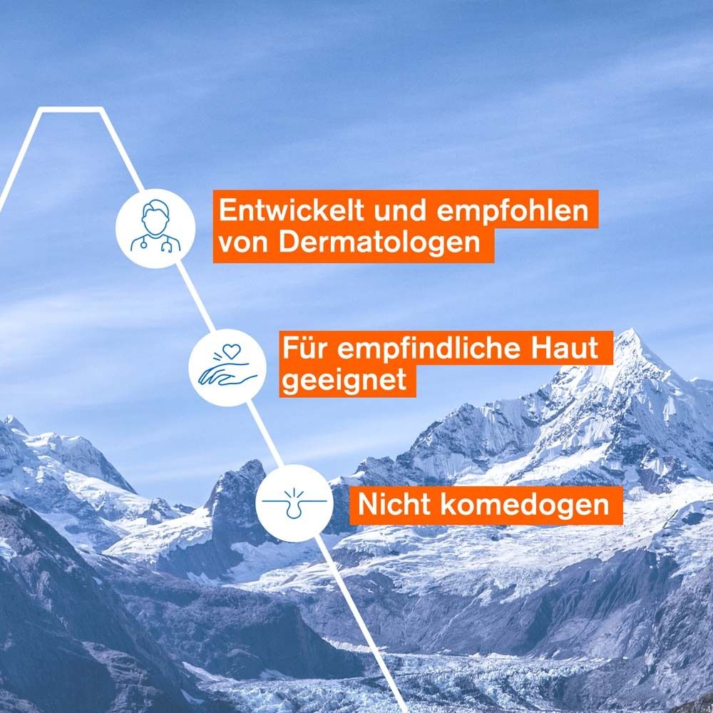 Grafik mit Text: 'Entwickelt und empfohlen von Dermatologen', 'Für empfindliche Haut geeignet', 'Nicht komedogen'.