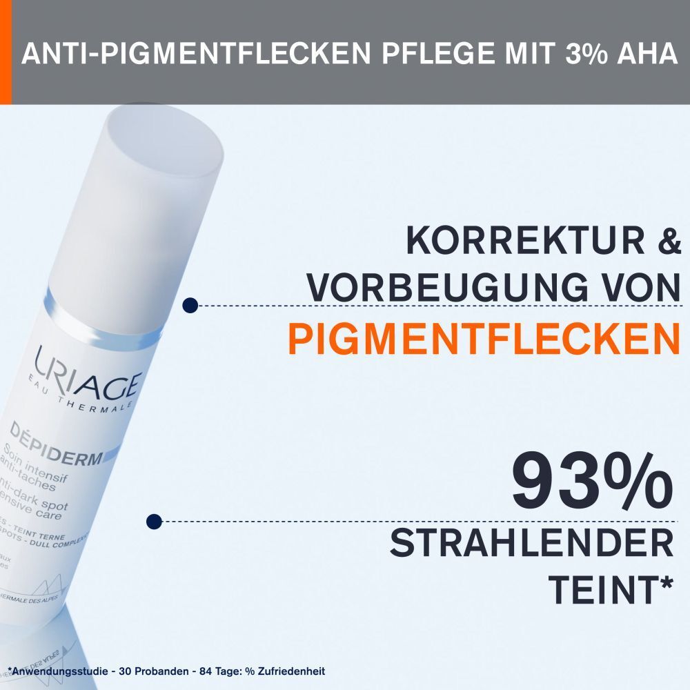 URIAGE DÉPIDERM Anti-Pigmentflecken Pflege. Text: Korrektur & Vorbeugung von Pigmentflecken. 93% strahlender Teint.