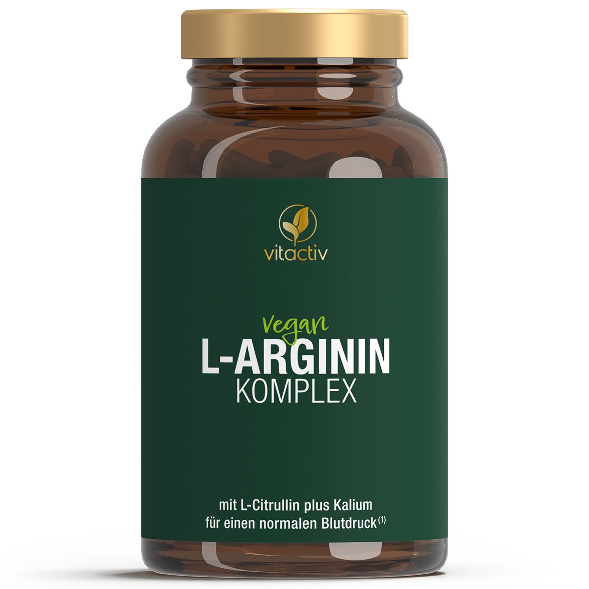 Braune Glasflasche mit goldfarbenem Deckel. Etikett: vitactiv, Vegan L-Arginin Komplex. Text: mit L-Citrullin plus Kalium für einen normalen Blutdruck.