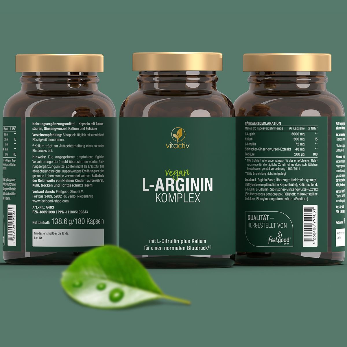 Drei braune Glasflaschen mit goldfarbenen Deckeln. Etiketten: vitactiv, Vegan L-Arginin Komplex. Blatt mit Wassertropfen. Text: mit L-Citrullin plus Kalium für einen normalen Blutdruck.