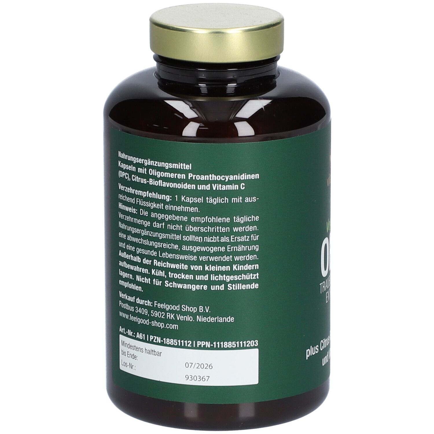 Rückseite der Flasche. Etikett mit Informationen: Nahrungsergänzungsmittel, Verzehrempfehlung, Hinweise, Mindesthaltbarkeit.