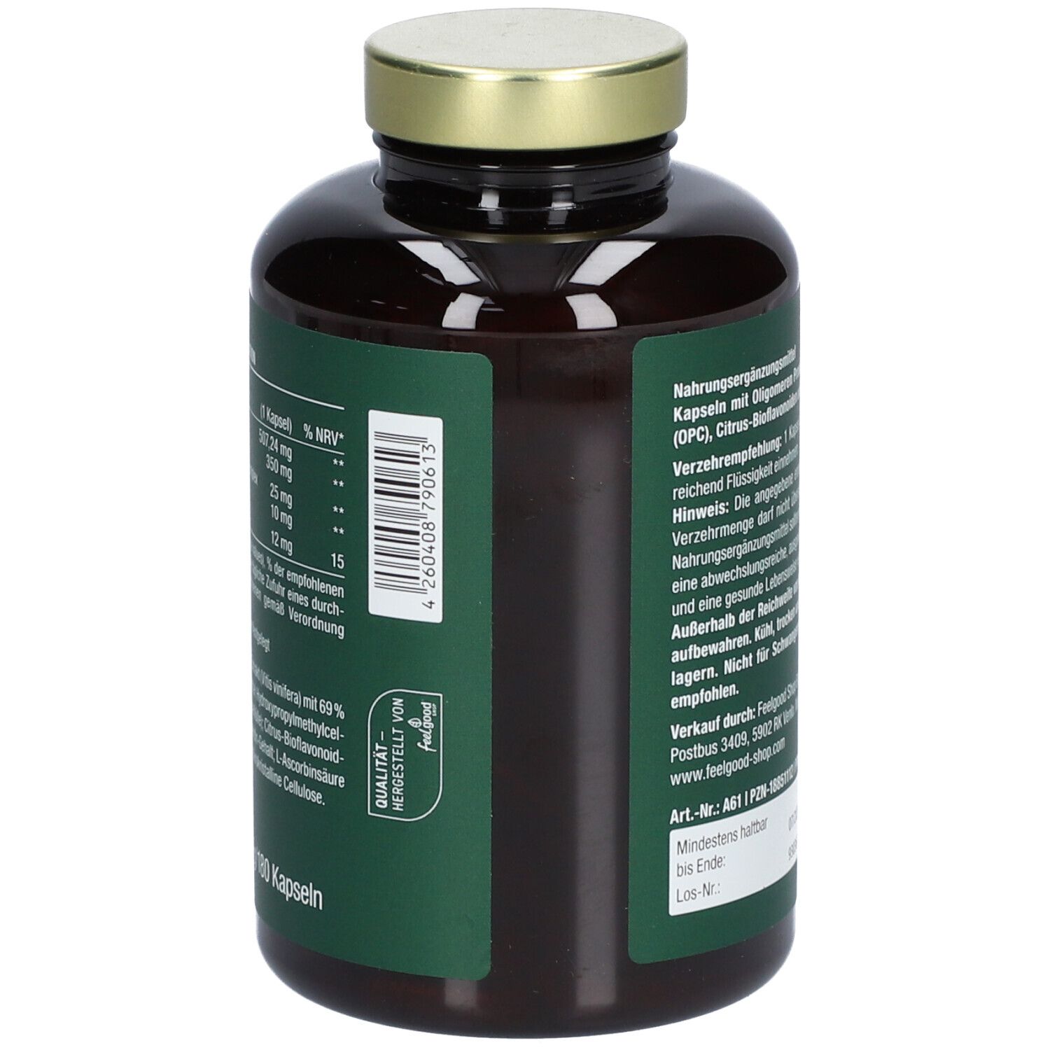 Rückseite der Flasche. Etikett mit Informationen: Nährwertdeklaration, Inhaltsstoffe, Hersteller, Mindesthaltbarkeit.