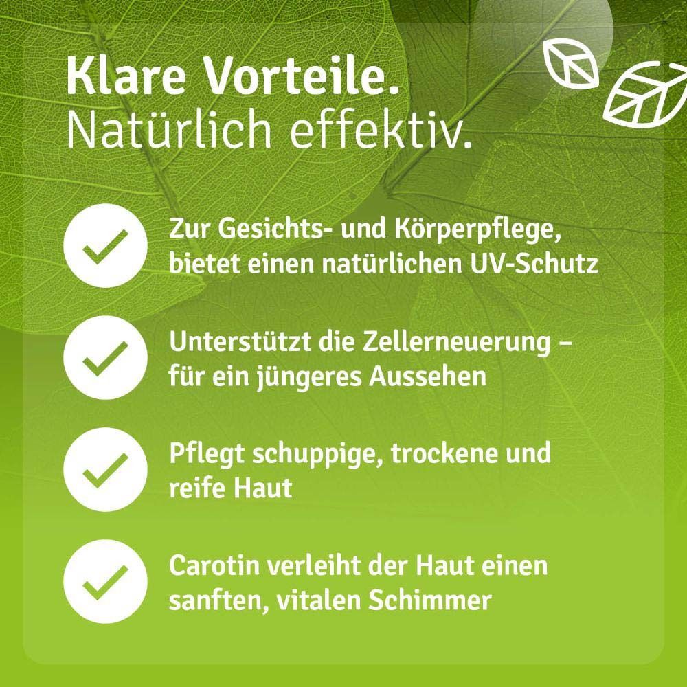 Braune Flasche mit schwarzem Pumpkopf. Text: Zur Gesichts- und Körperpflege, UV-Schutz, Zellenerneuerung, Hautpflege, Schimmer.