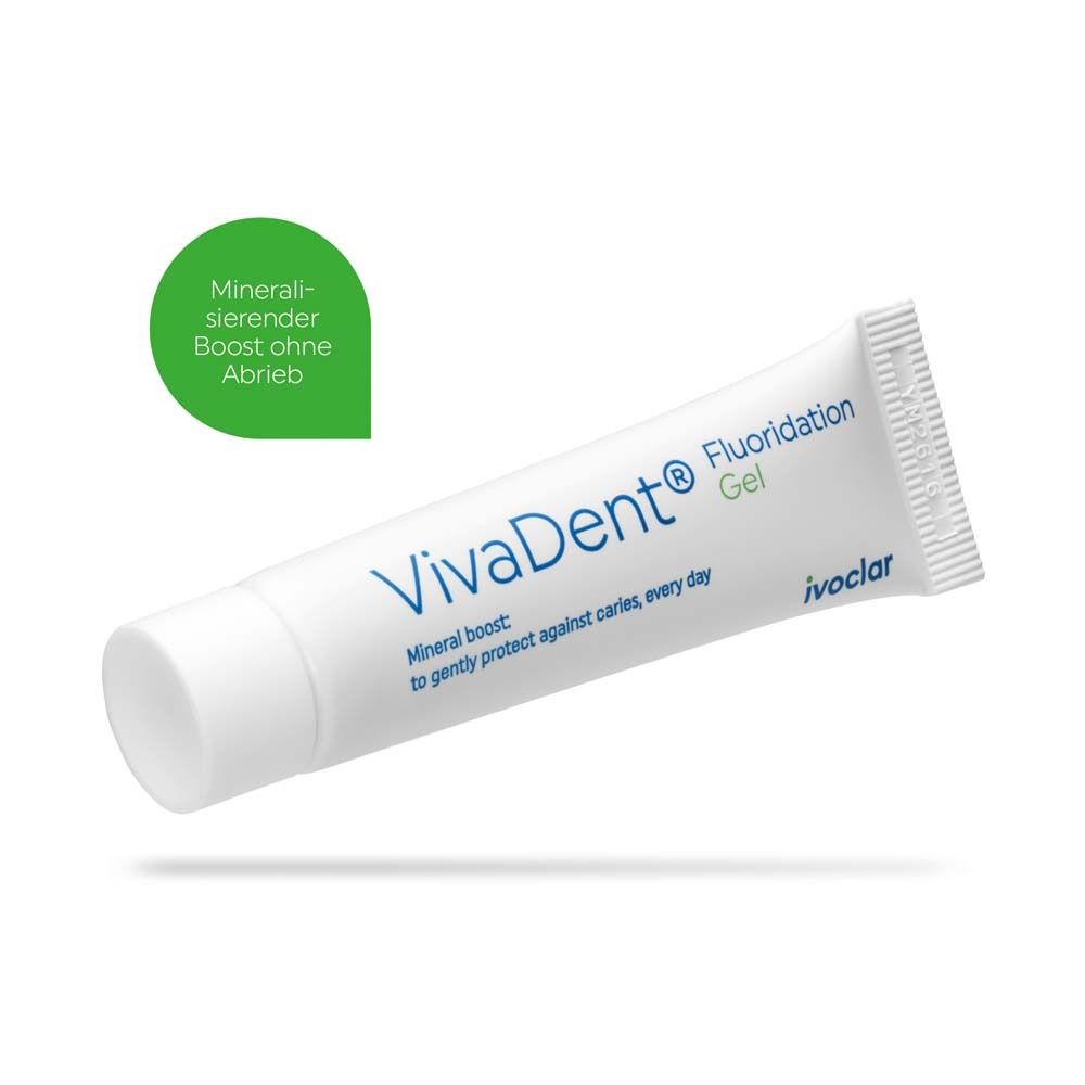 Zahncremetube VivaDent® Fluoridation Gel. Grüner Aufkleber: Mineralboost ohne Abrieb.