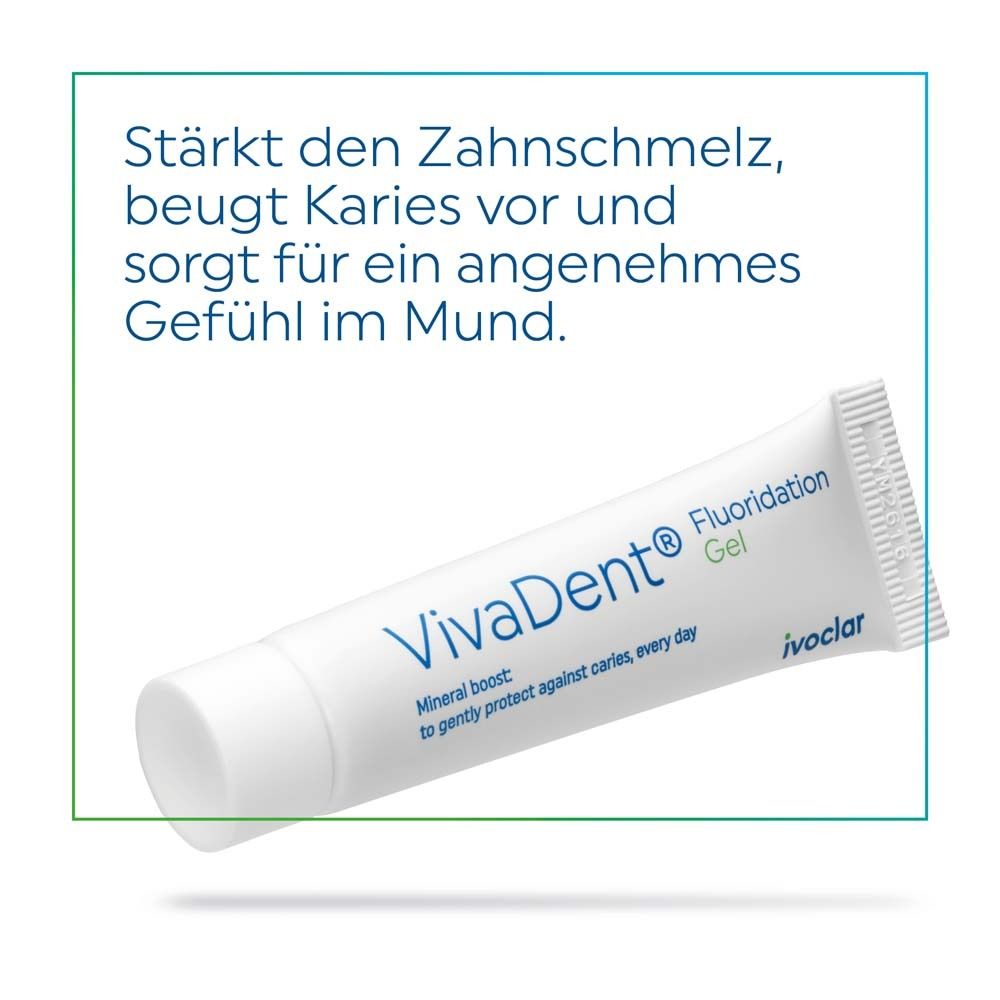 Zahncremetube VivaDent® Fluoridation Gel. Text: Stärkt den Zahnschmelz, beugt Karies vor.