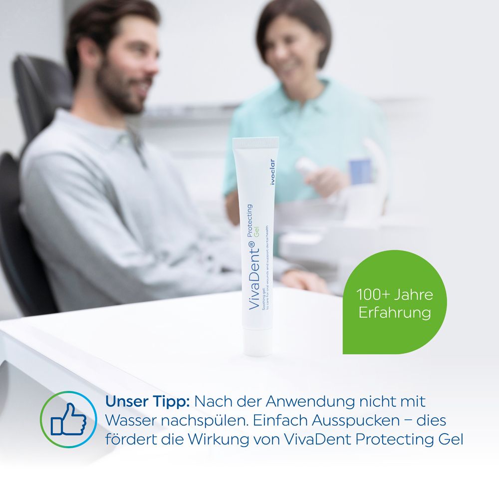 VivaDent Protecting Gel Tube auf einem Tisch. 100+ Jahre Erfahrung in der Zahnmedizin.