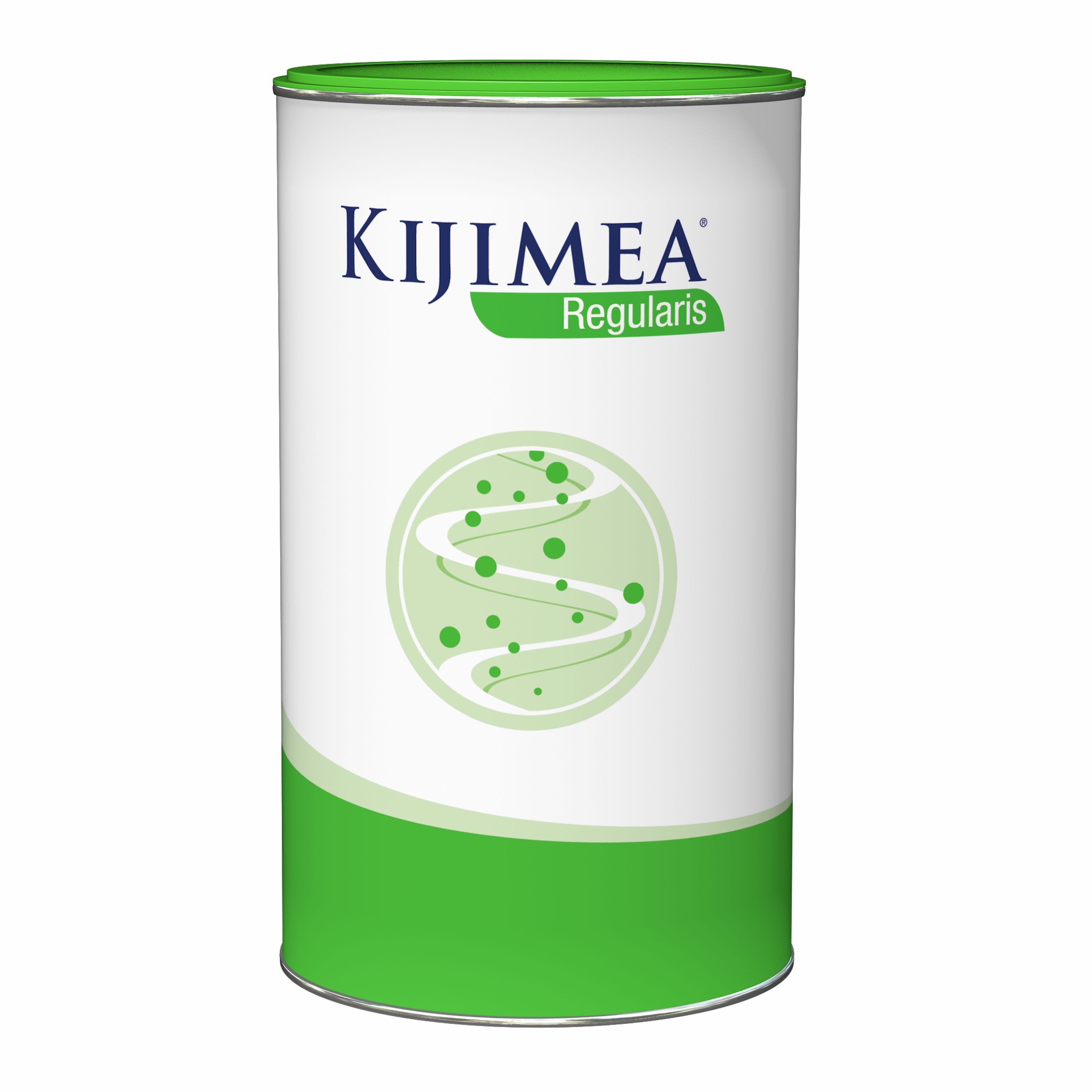 Zylindrische Dose mit grünem Deckel. Aufschrift: Kijimea® Regularis. Grünes Logo mit weißen Linien und Punkten.