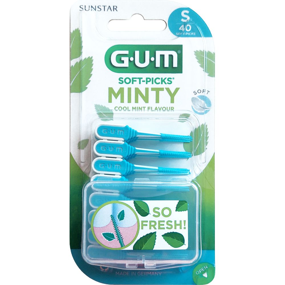 Verpackung mit GUM SOFT-PICKS Minty. Enthält 40 kleine Interdentalbürsten. Blaue Bürsten in einer transparenten Hülle. Marke und Produktbezeichnung sichtbar.