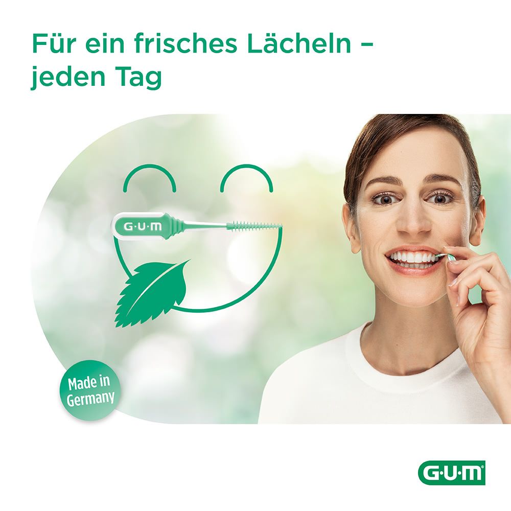 Eine Frau lächelt und benutzt GUM Soft-Picks. Ein grünes Logo und ein stilisiertes Lächeln mit Minzblatt.