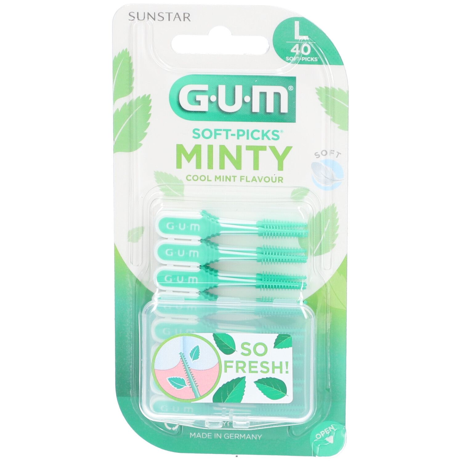 GUM Soft-Picks Minty, Packung mit 40 Stück. Grüne Bürsten in durchsichtiger Box. Mint-Geschmack.