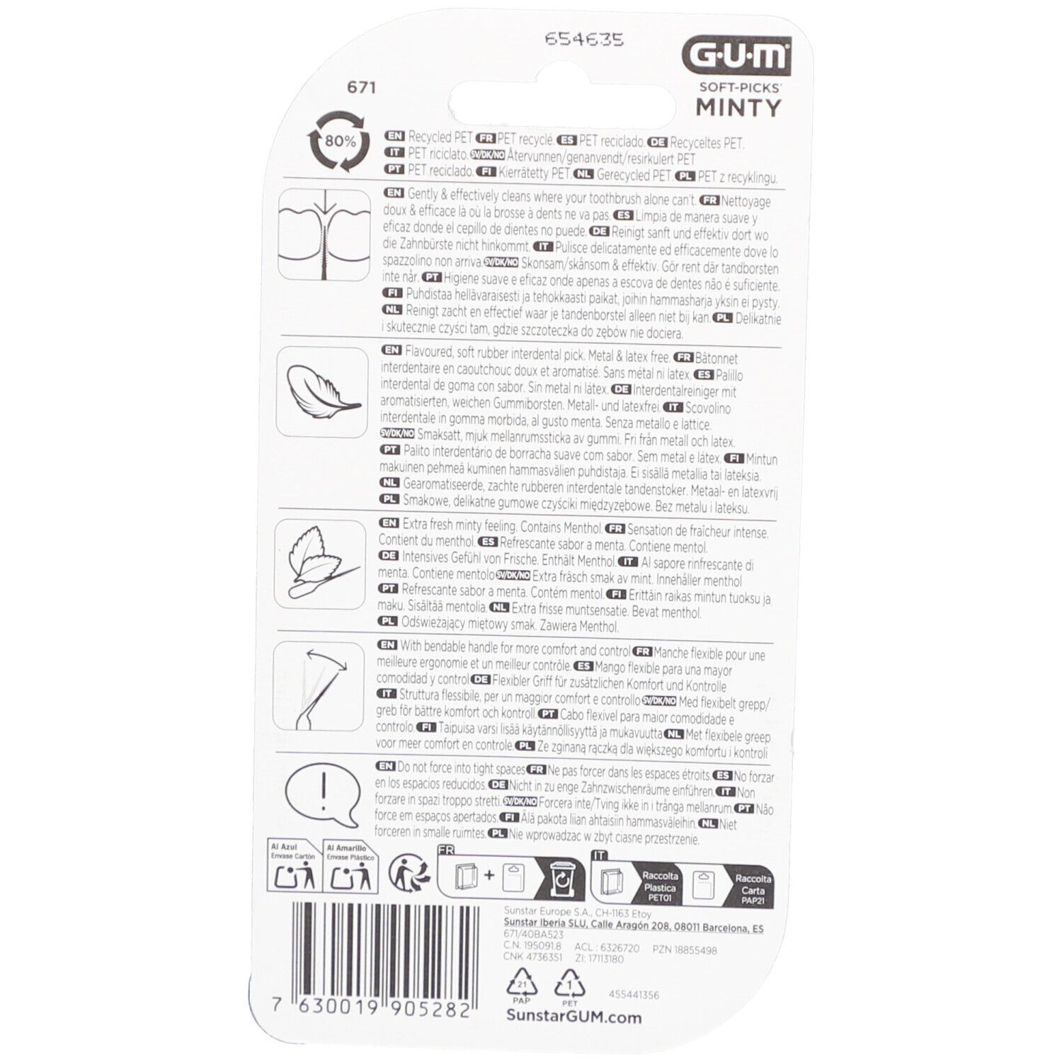 Rückseite der GUM Soft-Picks Minty Verpackung. Text in mehreren Sprachen. Recycling-Logo.