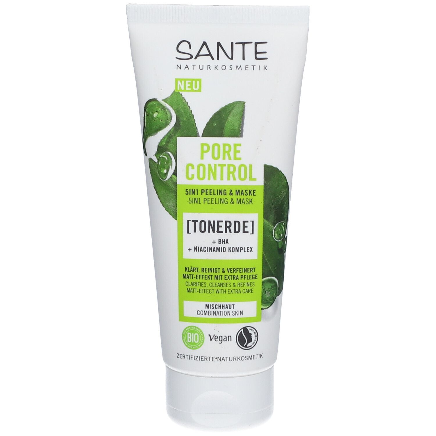 SANTE Naturkosmetik Pore Control 5in1 Peelin & Maske Tonerde, BHA & Niacinamid Komplex