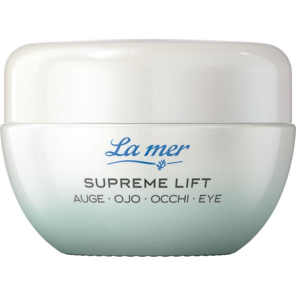 La mer SUPREME LIFT ANTI-AGE Augencreme. Tiegel mit Produkt. Weiß-blauer Farbverlauf.