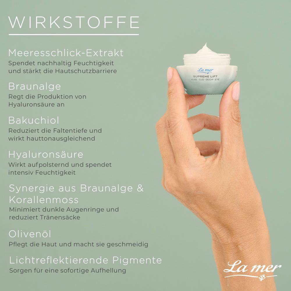 Hand hält Tiegel La mer SUPREME LIFT Augencreme. Inhaltsstoffe: Meereschlick-Extrakt, Braunalge, Bakuchiol.