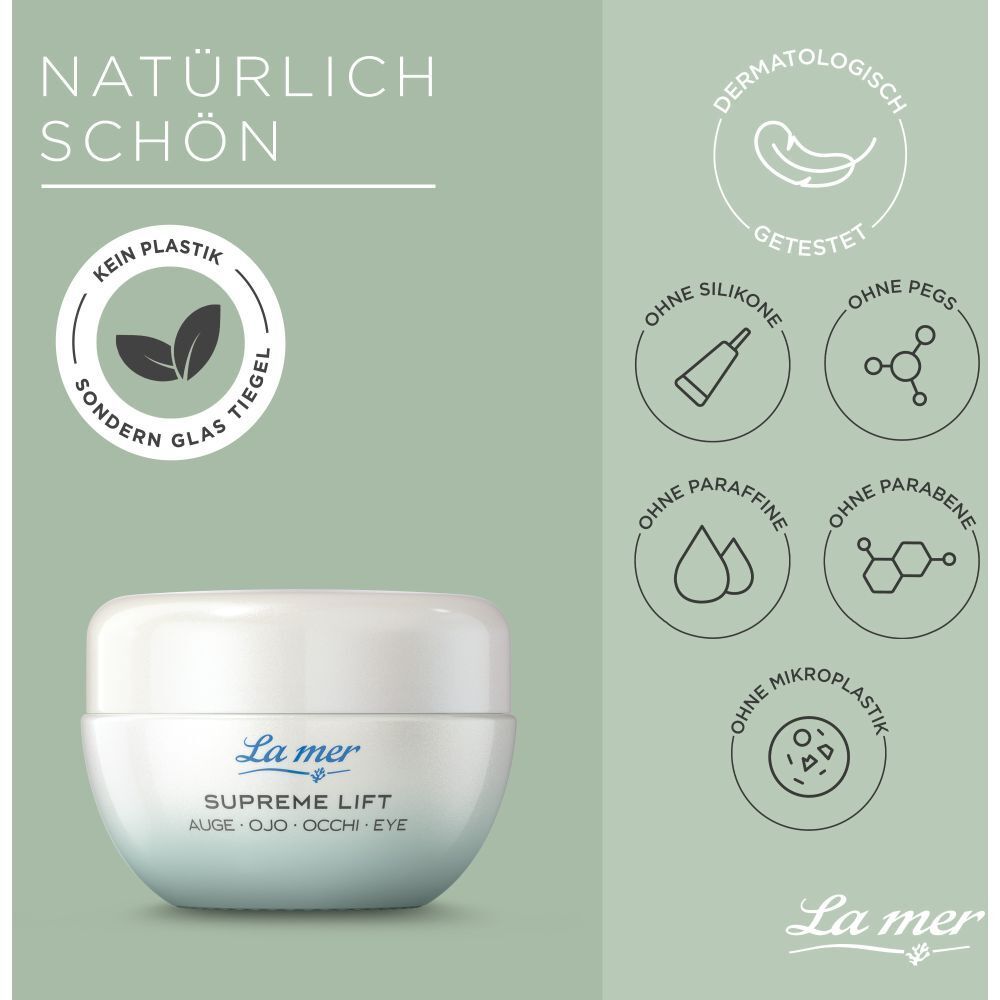 La mer SUPREME LIFT ANTI-AGE Augencreme. Tiegel mit Produkt. Ohne Silikone, Parabene, Mikroplastik.