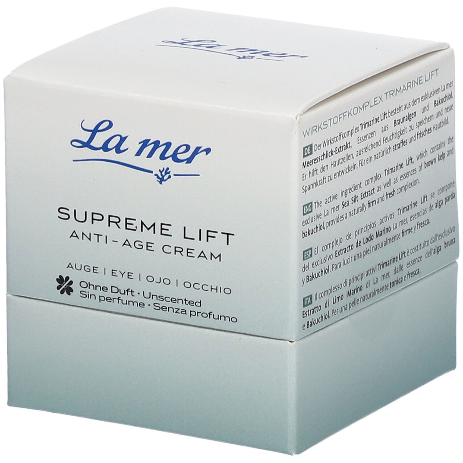 La mer SUPREME LIFT ANTI-AGE Augencreme. Weiße Faltschachtel mit Produktnamen und Logo. Ohne Duft.