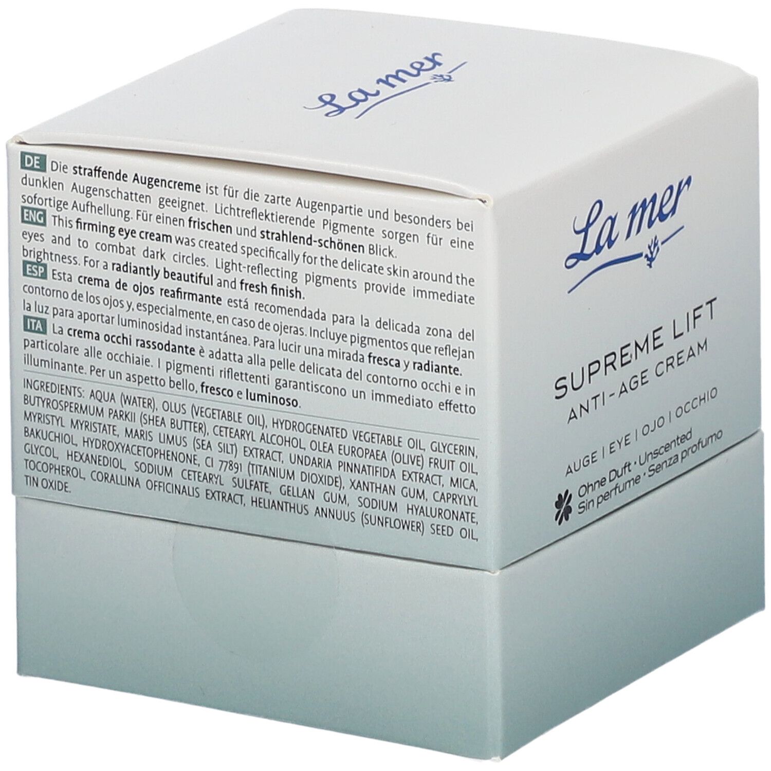 La mer SUPREME LIFT ANTI-AGE Augencreme. Rückseite der Faltschachtel mit Produktinformationen und Inhaltsstoffen.