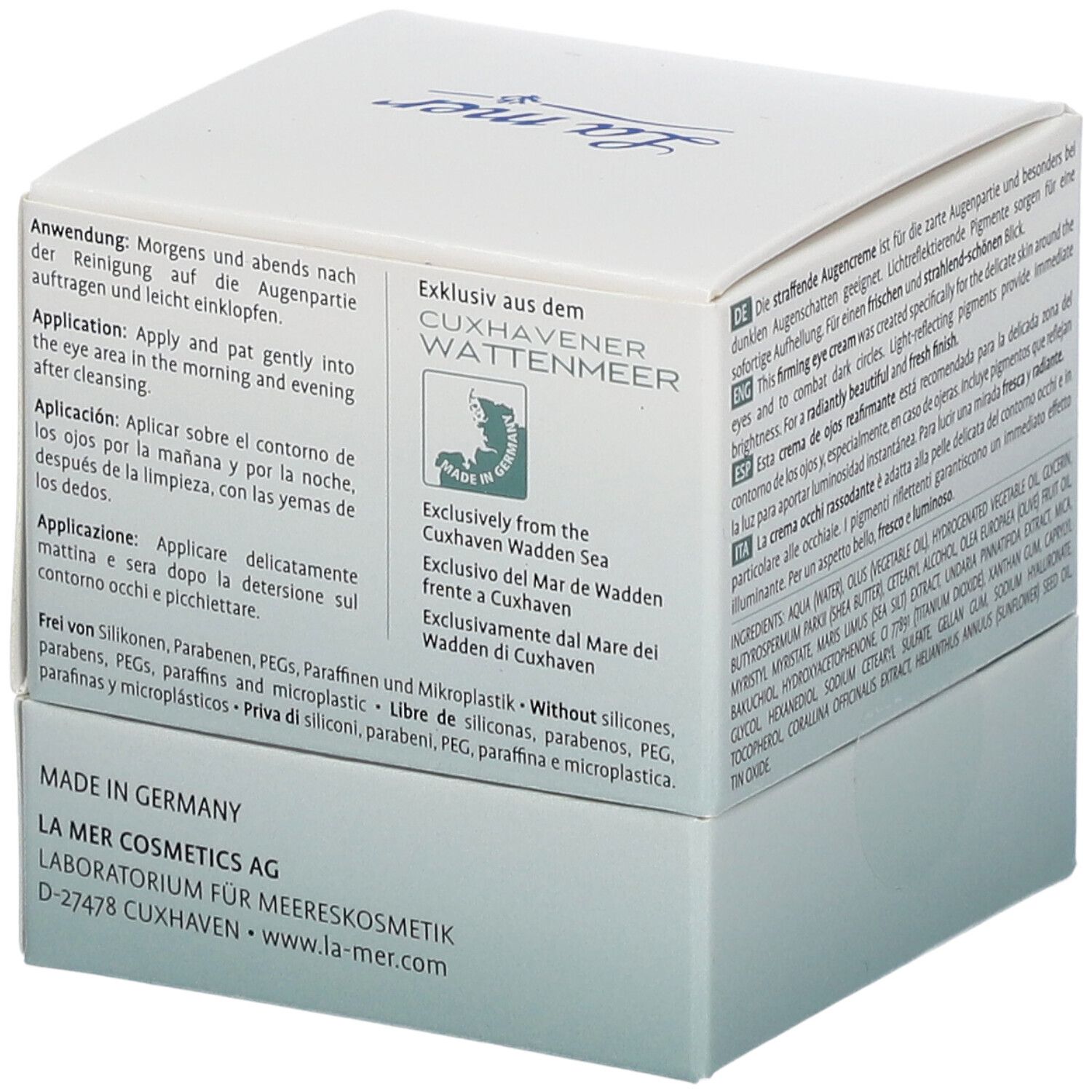 La mer SUPREME LIFT ANTI-AGE Augencreme. Faltschachtel mit Anwendungs- und Herstellerinformationen. Made in Germany.