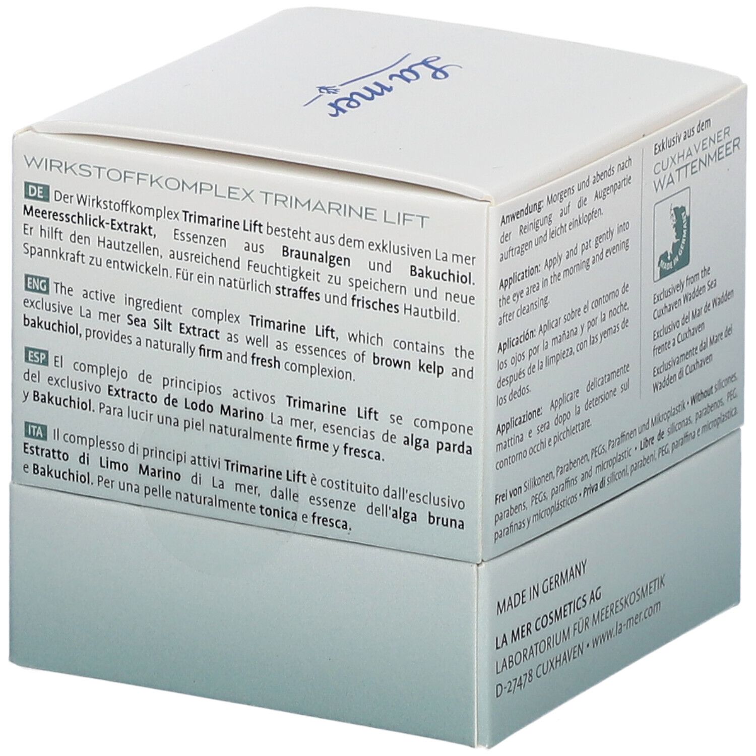 La mer SUPREME LIFT ANTI-AGE Augencreme. Detailansicht der Faltschachtel mit Inhaltsstoffen und Anwendung.