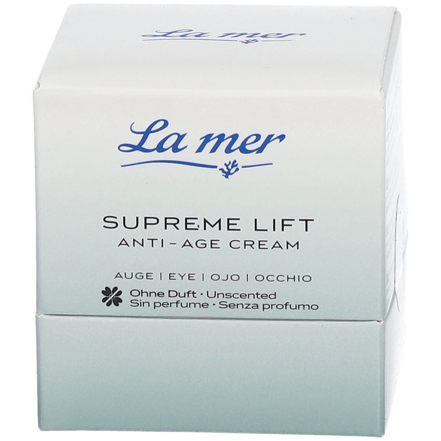 La mer SUPREME LIFT ANTI-AGE Augencreme. Weiße Faltschachtel mit Produktnamen und Logo. Ohne Duft.