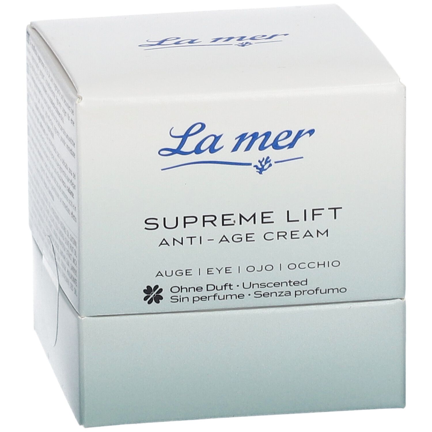 La mer SUPREME LIFT ANTI-AGE Augencreme. Weiße Faltschachtel mit Produktnamen und Logo. Ohne Duft.