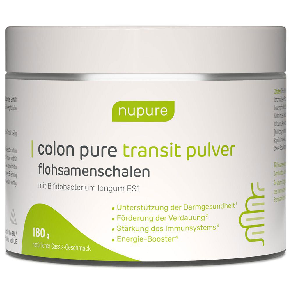 Runde Dose mit weißem Deckel. Aufschrift: nupure, colon pure transit pulver, flohsamenschalen. Grün-weiße Etiketten mit Text und Logo.