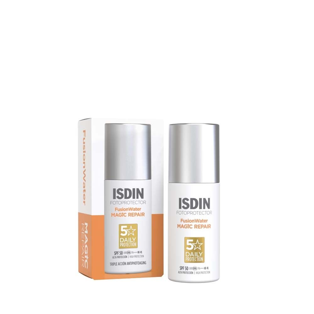 ISDIN Fotoprotector Fusion Water MAGIC Repair LSF 50. Weiße Flasche mit silbernem Deckel und Verpackung.