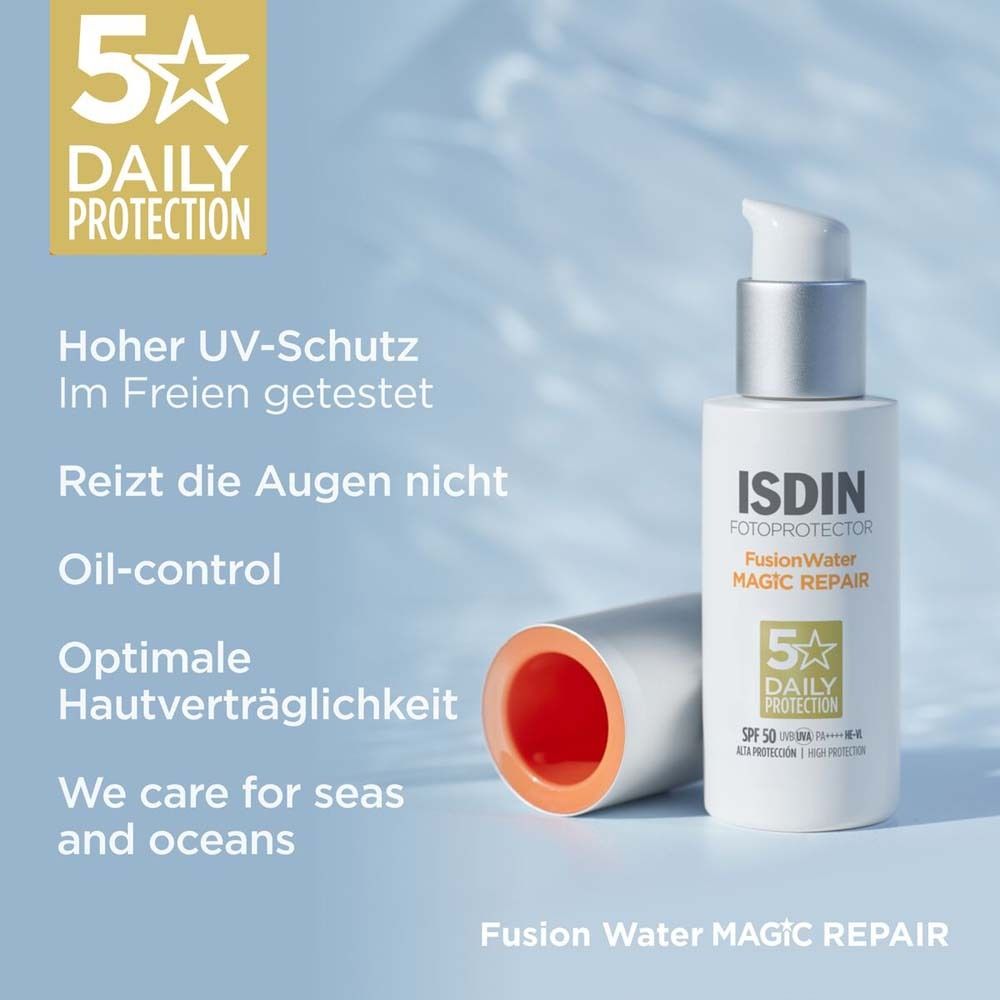 ISDIN Fusion Water MAGIC Repair. Flasche mit silbernem Deckel. Text: 5* Daily Protection. Orangefarbener Ring.