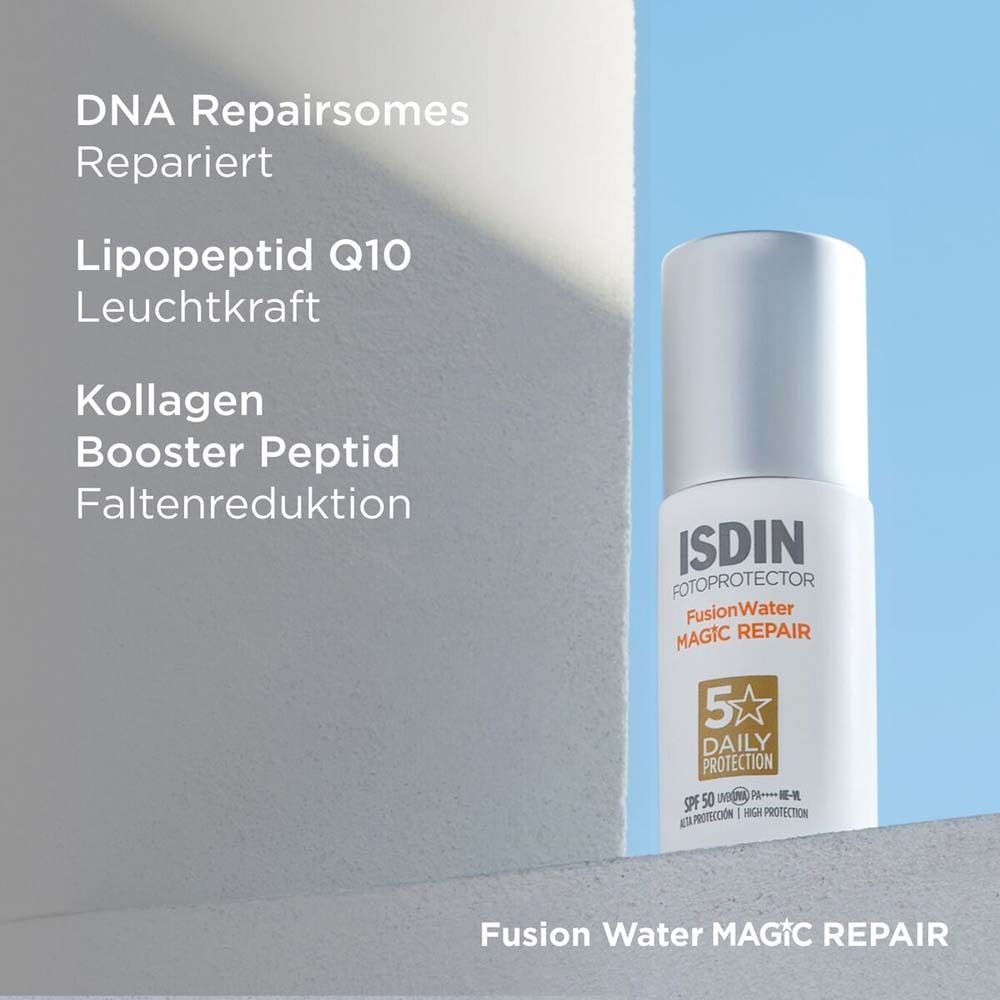 ISDIN Fusion Water MAGIC Repair. Flasche mit silbernem Deckel. Text: DNA Repairosomes, Lipopeptid Q10.