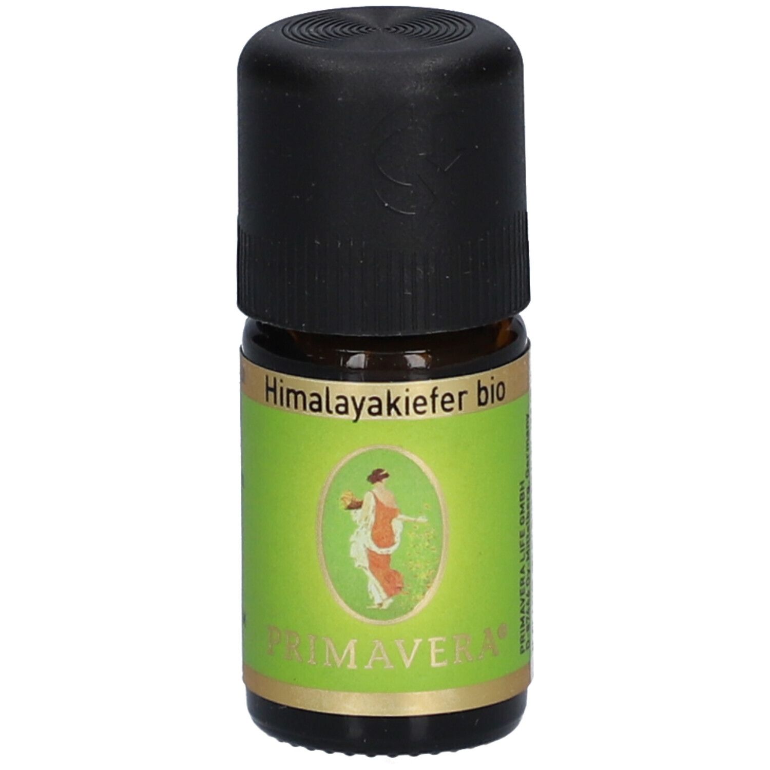 Braune Glasflasche mit schwarzem Deckel. Etikett mit Produktname und Logo. PRIMAVERA Himalayakiefer bio.