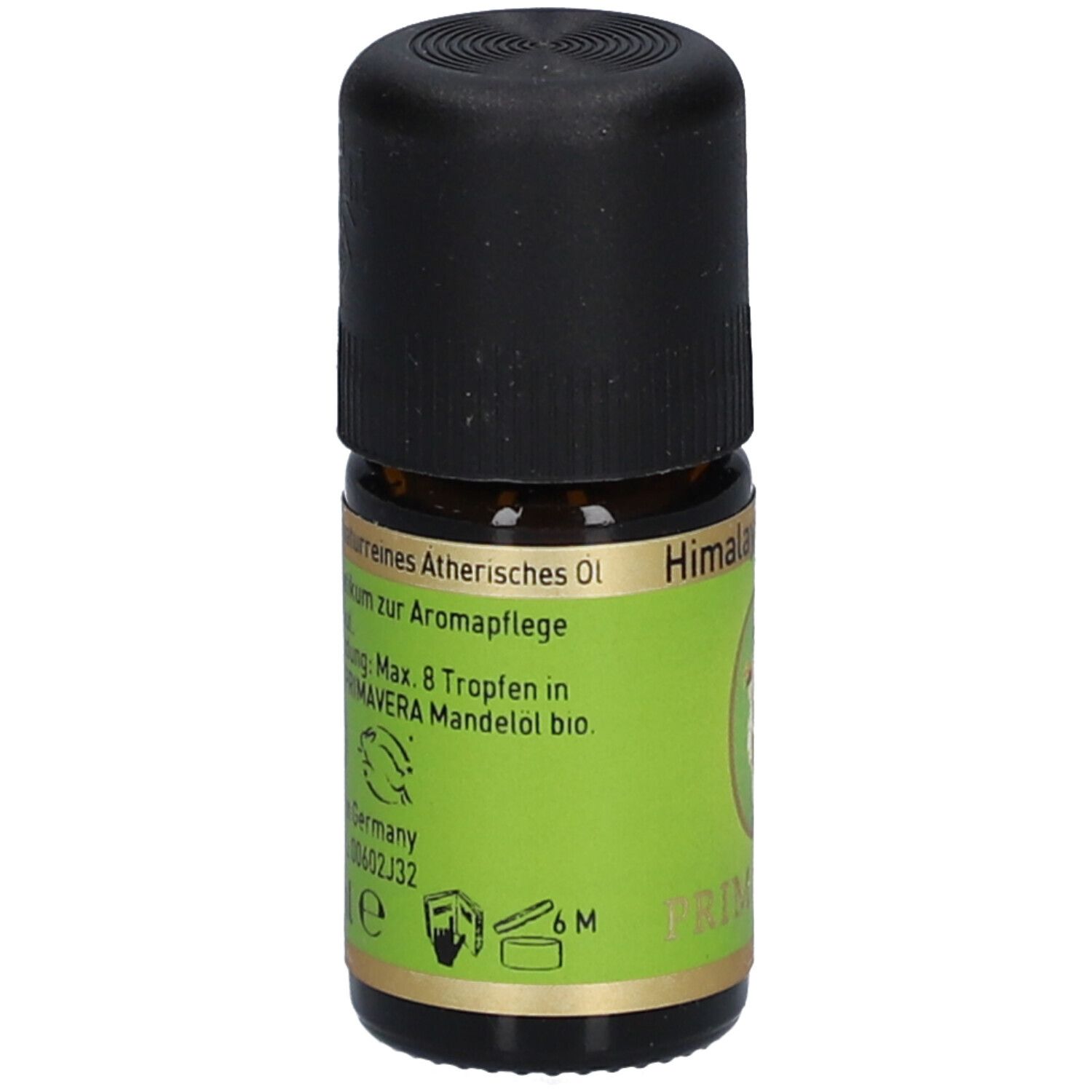 Braune Glasflasche mit schwarzem Deckel. Etikett mit Produktinformationen. PRIMAVERA Himalayakiefer bio.