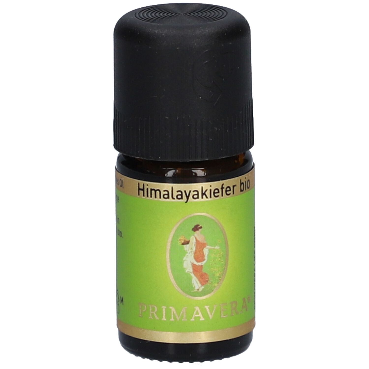 Braune Glasflasche mit schwarzem Deckel. Etikett mit Produktname und Logo. PRIMAVERA Himalayakiefer bio.